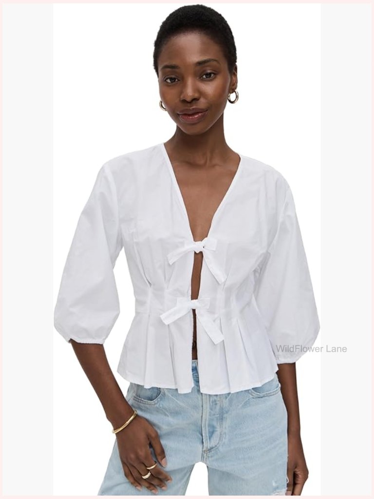 Loose Fit Wrap Blouse With Tie Neck And 3/4 Elastic Cuffs
